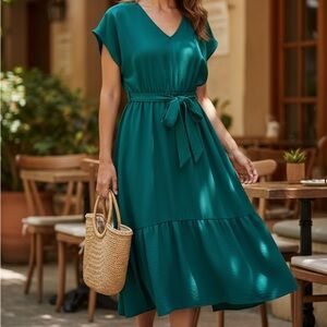 Teal V-Neck Midi Dress with Waist Tie